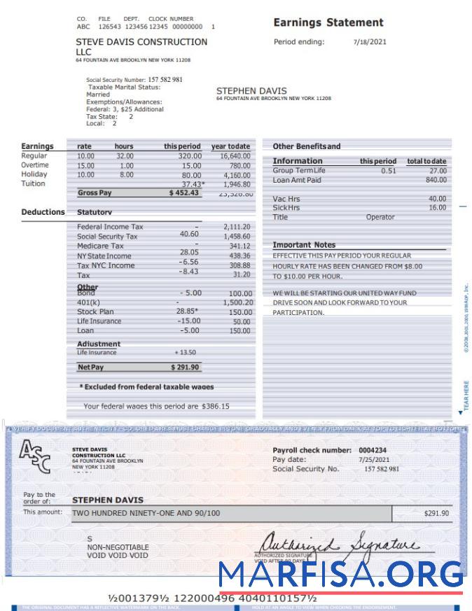 Printable Construction LLC earnings statement sample